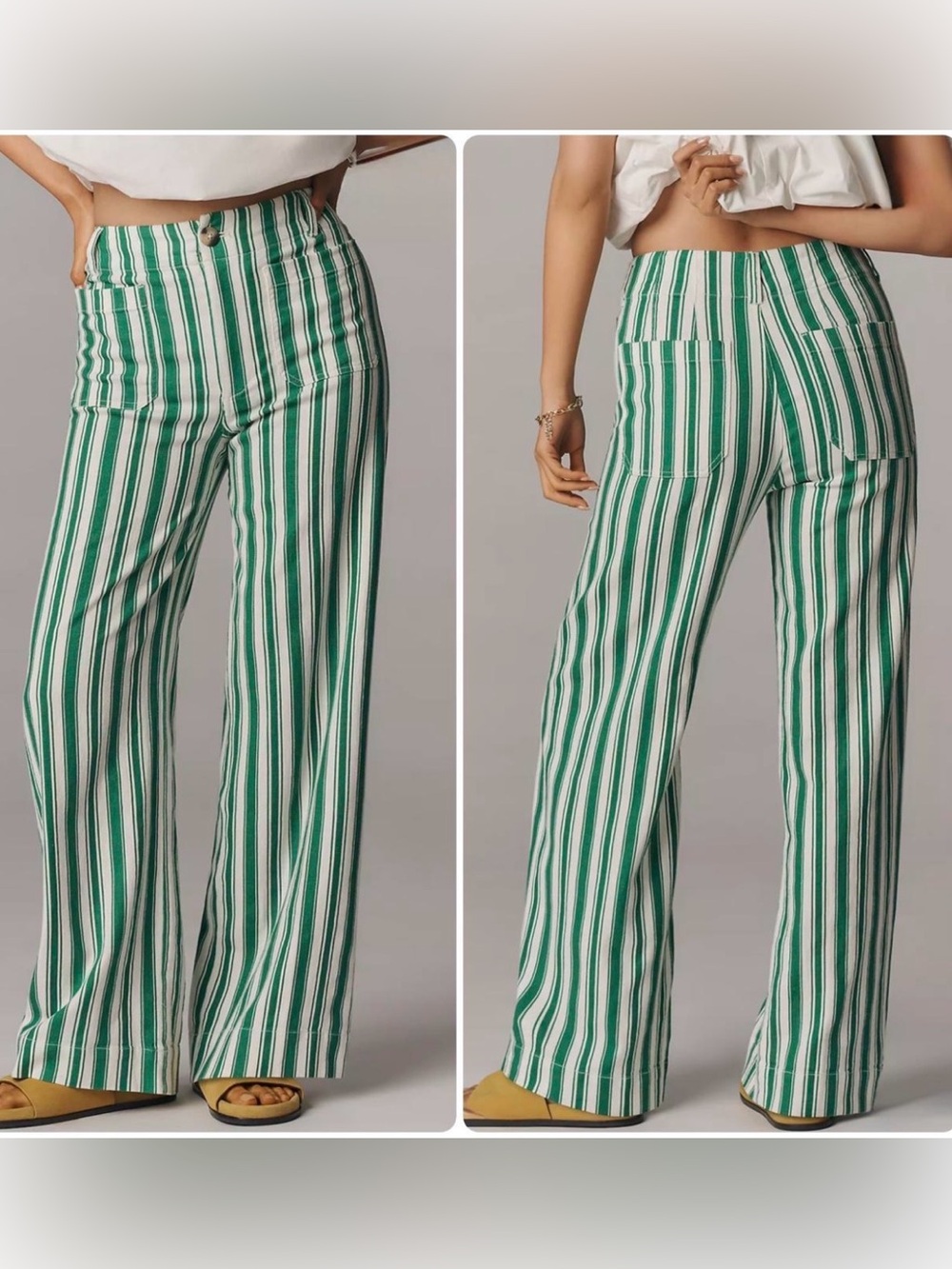 🌿 Maeve Anthropologie The Colette Striped Wide-Leg Pants Green White Size 28